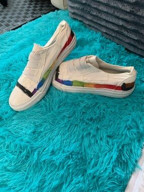 Blowfish White Canvas Slip-Ons with Multicolor Rainbow Painted Stripe Size 8